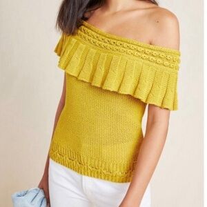 Anthropologie Off The Shoulder Ruffled Knit Cotton Sweater Mustard Crochet M